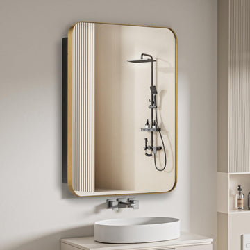 16" x 20" Bathroom Medicine Cabinet with Mirror Door, Brush Gold Stainless Steel Frame, Recessed or Surface