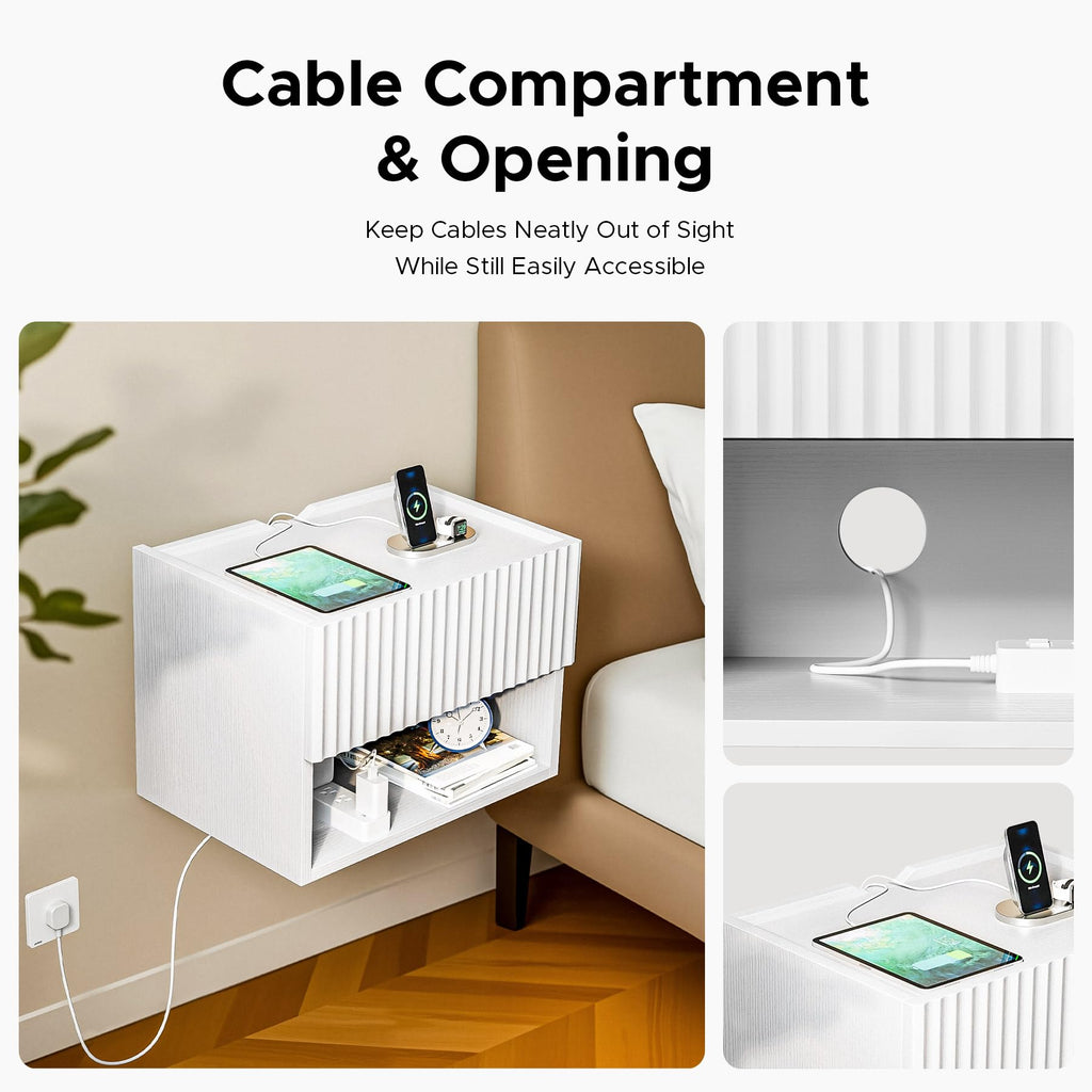 Floating Nightstand Bedroom Bedside Table - Wood Night Stand Set 2 for Small Spaces, Wall Mounted Cabinet with