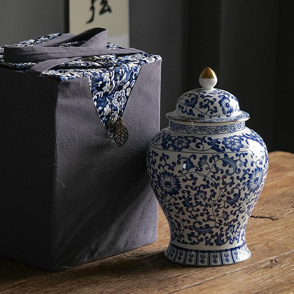 Blue and White Ceramic Ginger Jar with Lid, Chinoiserie Decorative Vase Decor, Table Centerpiece, Style