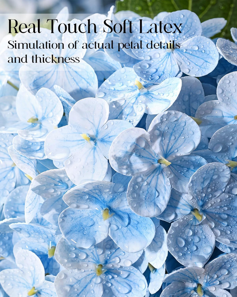 Hydrangea Artificial Flowers with Vase, Real Touch Latex, Blue - Set of 5