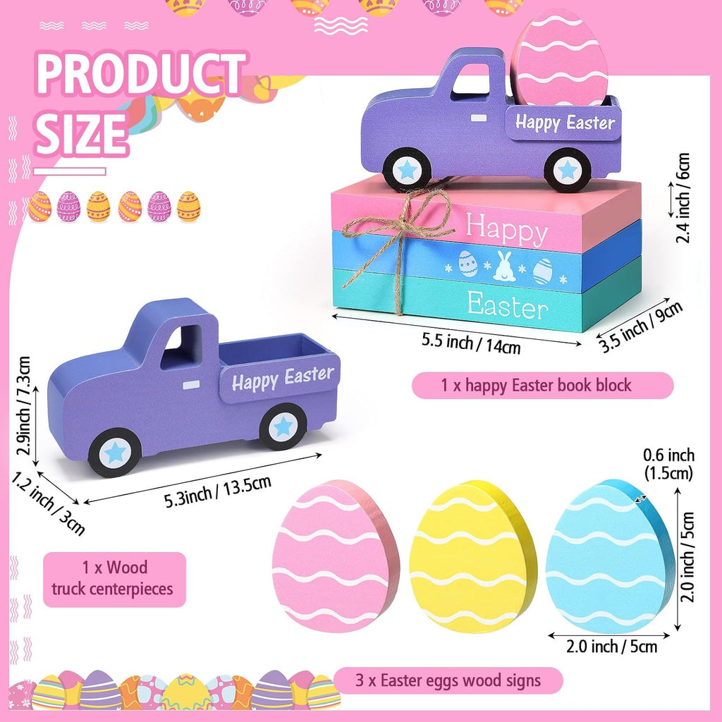 Easter Table Decorations Wooden Truck Easter Eggs Blocks Spring Wood Book Stacks Centerpieces Signs Indoor - Set of 5