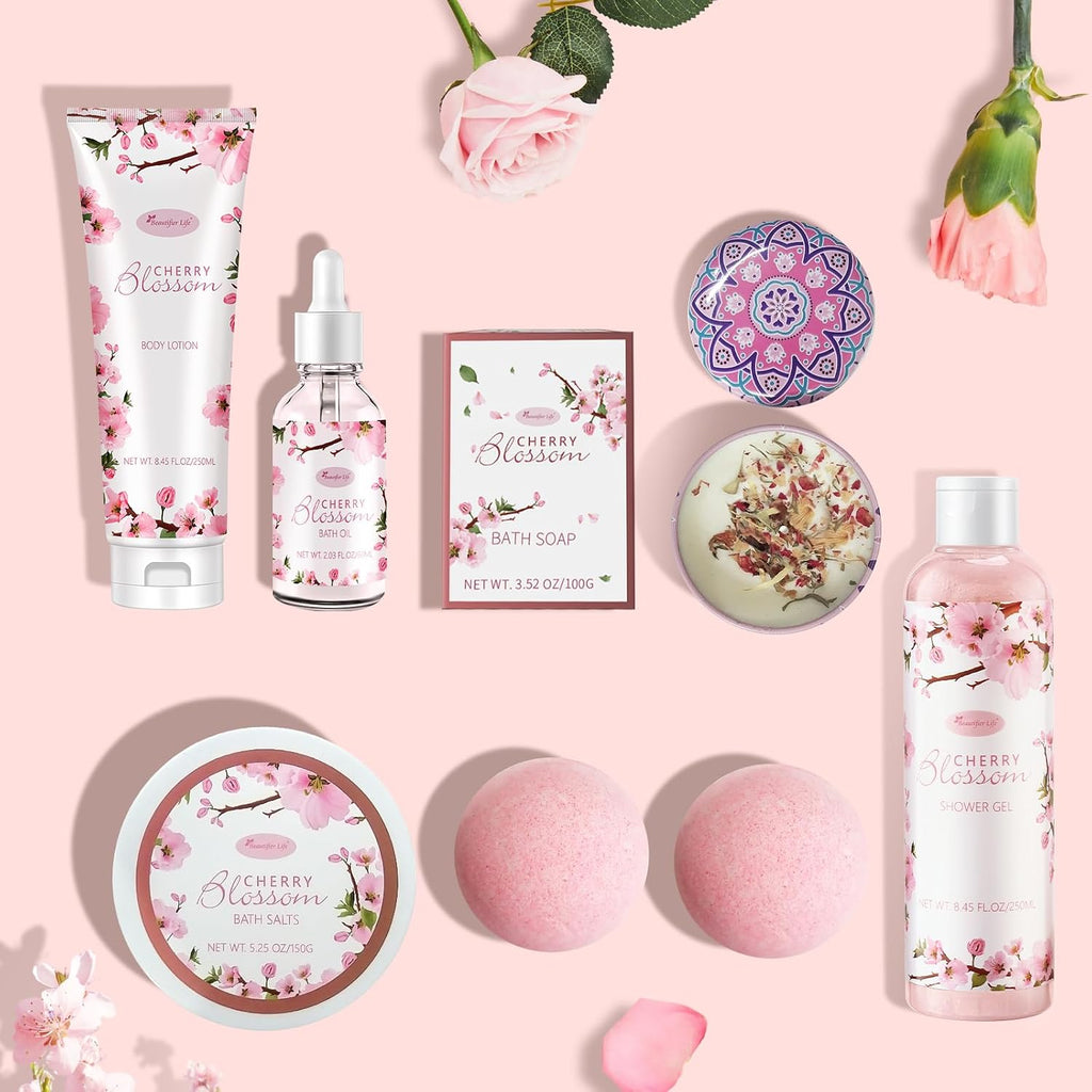 Bath and Body Gift Set for Women - Luxurious Home Spa Gift Set,Japanese Cherry Blossom 7-Piece Set Including Shower - Set of 7