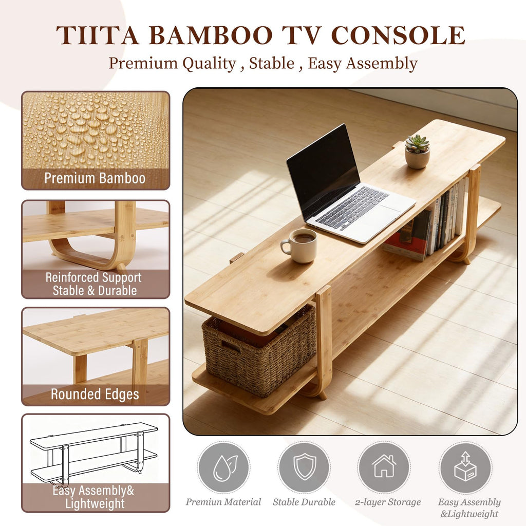 Wood Bamboo TV Stand for 55-Inch TVs, 2 Open Shelves, Modern Console