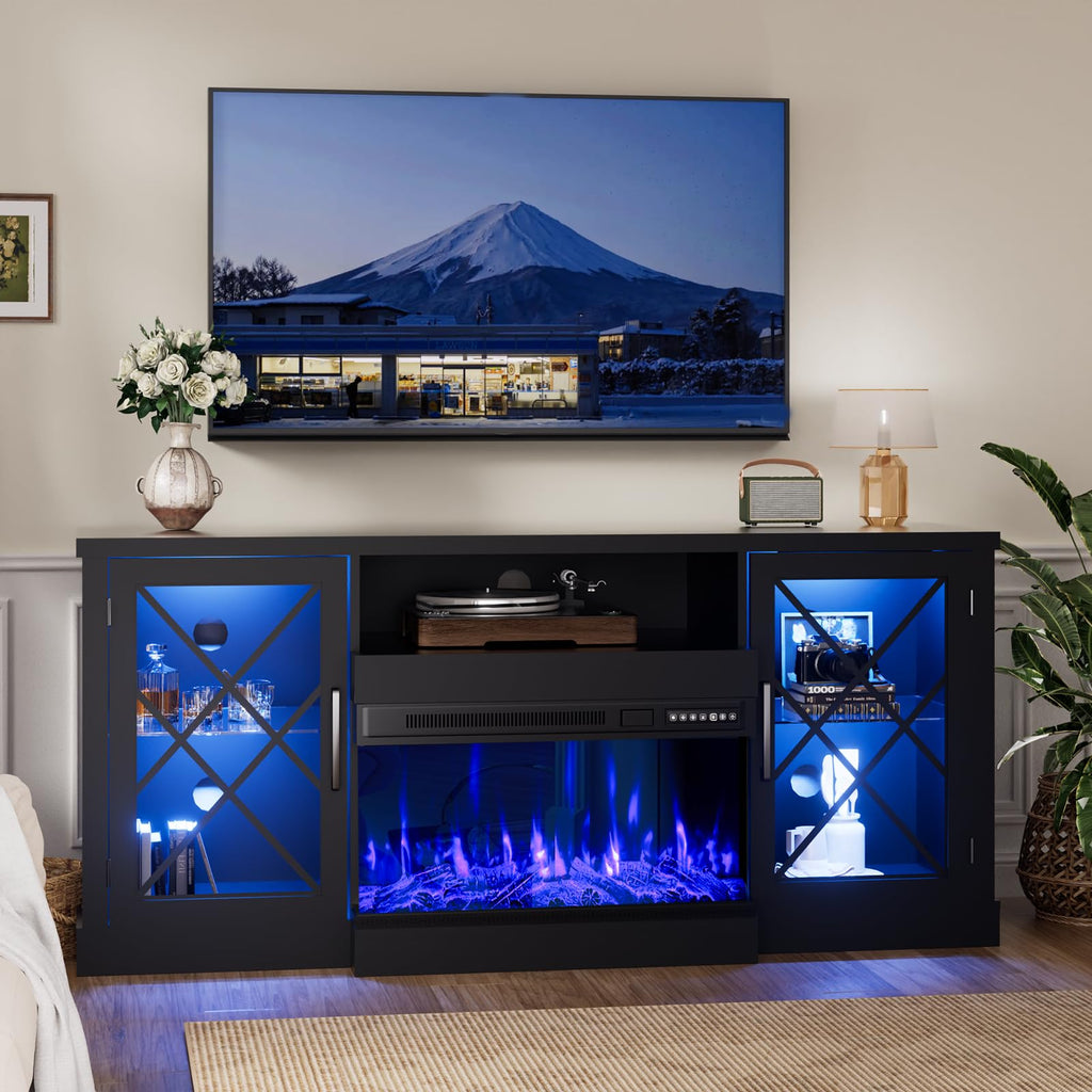 59" Fireplace TV Stand, 3 Sided Glass Fireplace Entertainment Center for TVs up to 70'' w/Storage Cabinet, Glass