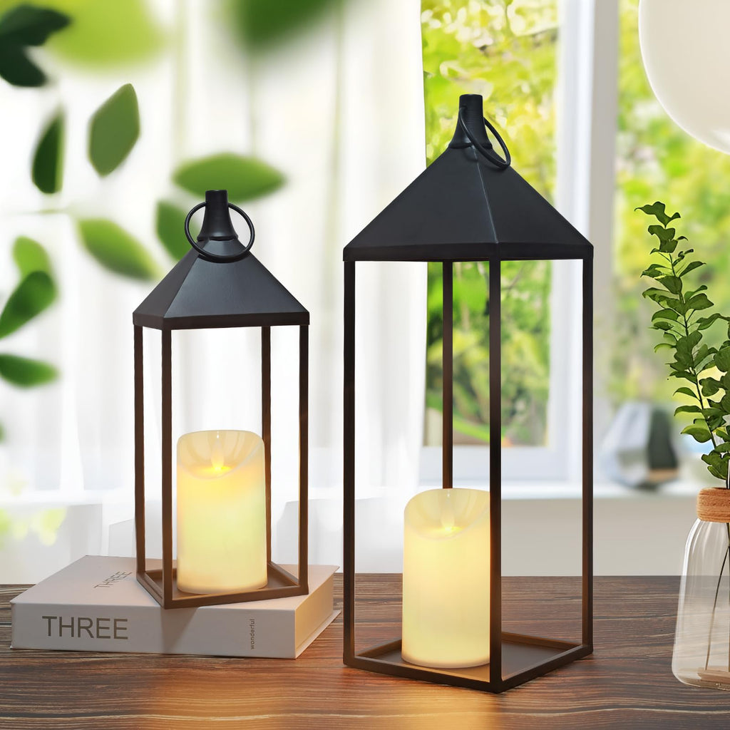 17" 13" Modern Farmhouse Candle Lantern Decor Set of 2 Black Metal Candle Lanterns with Flameless Candles, Lanterns