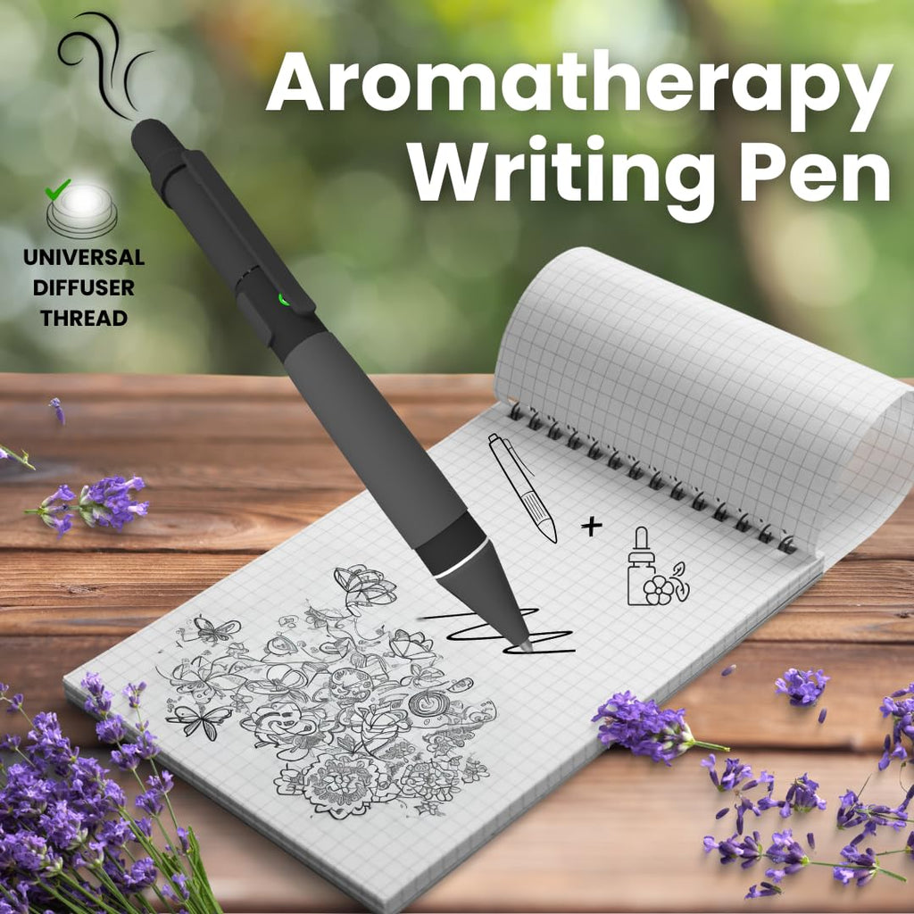 Aromatherapy Writing Pen Battery with Real Ink Tip and Hidden Diffuser Port, Soft Touch Ballpoint for Note Taking