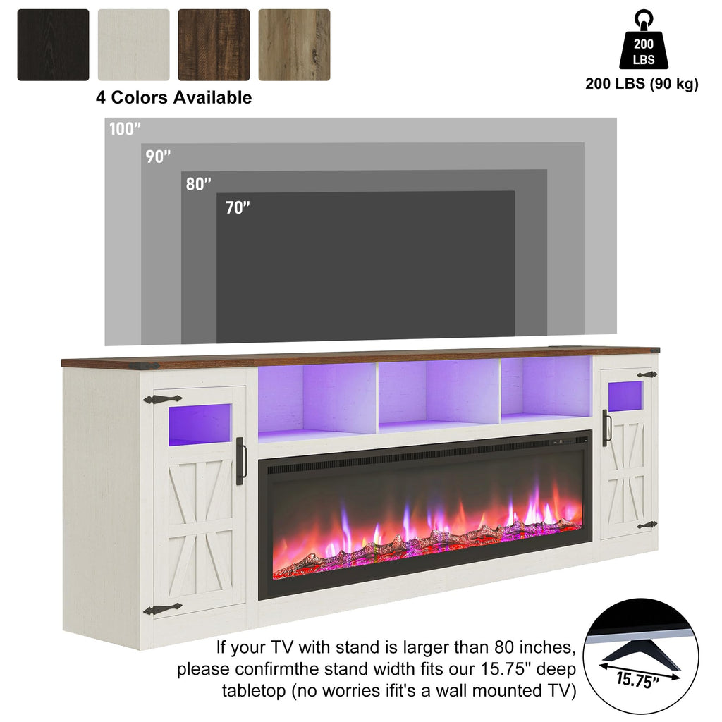 95" Fireplace TV Stand, Farmhouse Entertainment Center for 100" TV, White