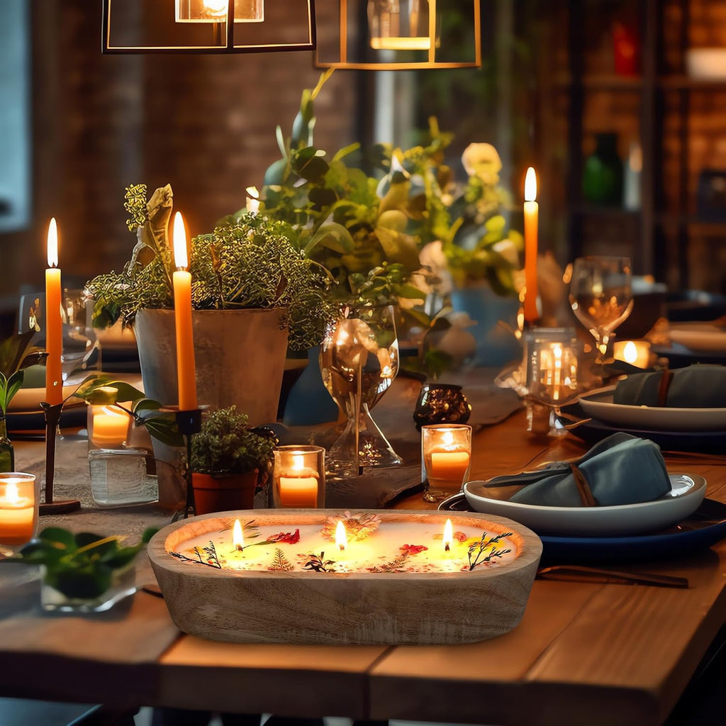 9.45'' Large Botanical Scented Bowl Candle Gift for Women Dried Flowers Wooden Dough Bowl Soybean Wax Candles