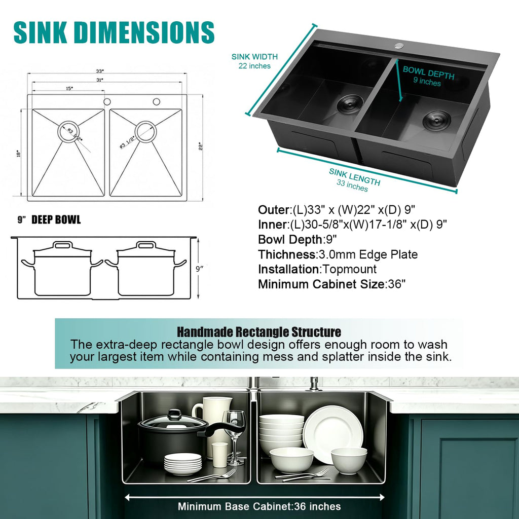 33x22 Double Bowl Kitchen Sink 33 Inch Black, Stainless Steel Drop in Double Bas Sink, Topmonut 50/50 Kitchen Sinks