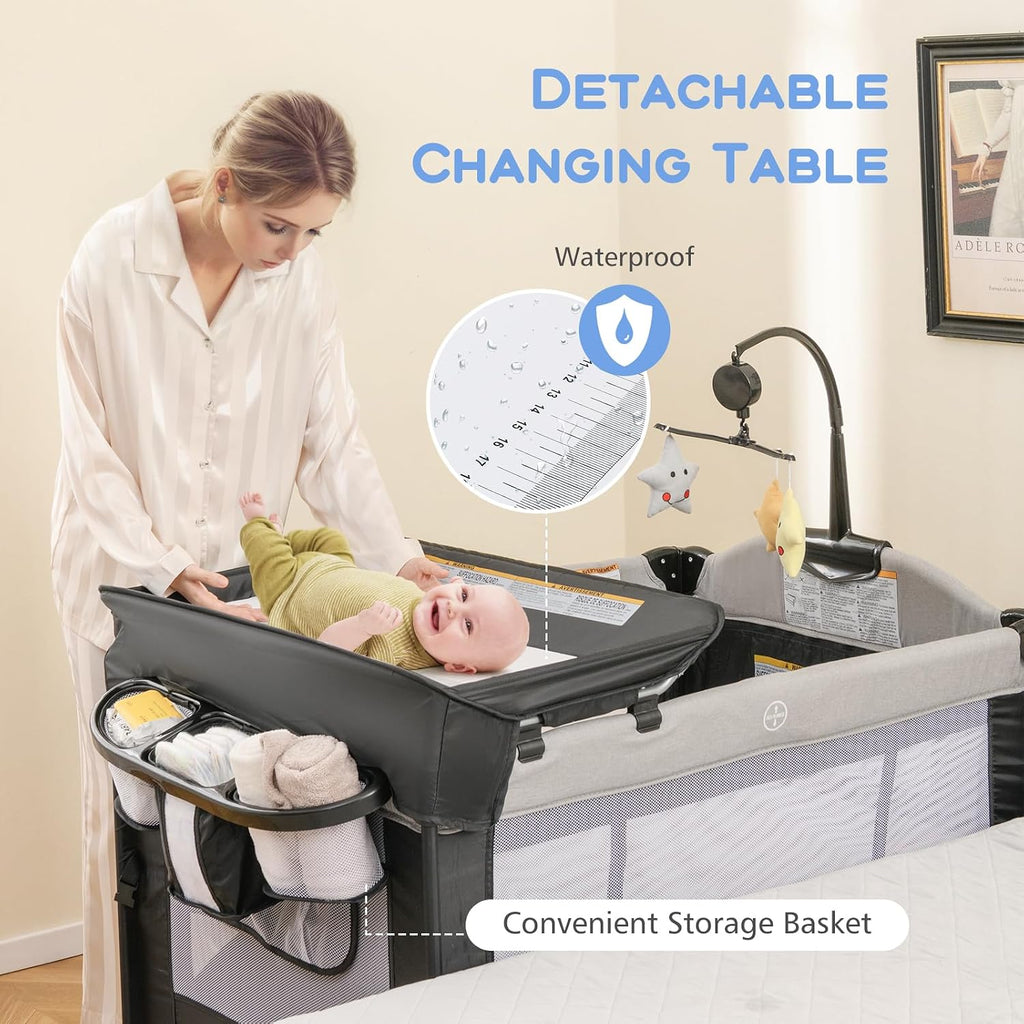 Pack and Play, 5 in 1 Baby Bedside Sleeper with Bassinet, Diaper Changer, Mattress, Carry Bag, Music Box Hanging