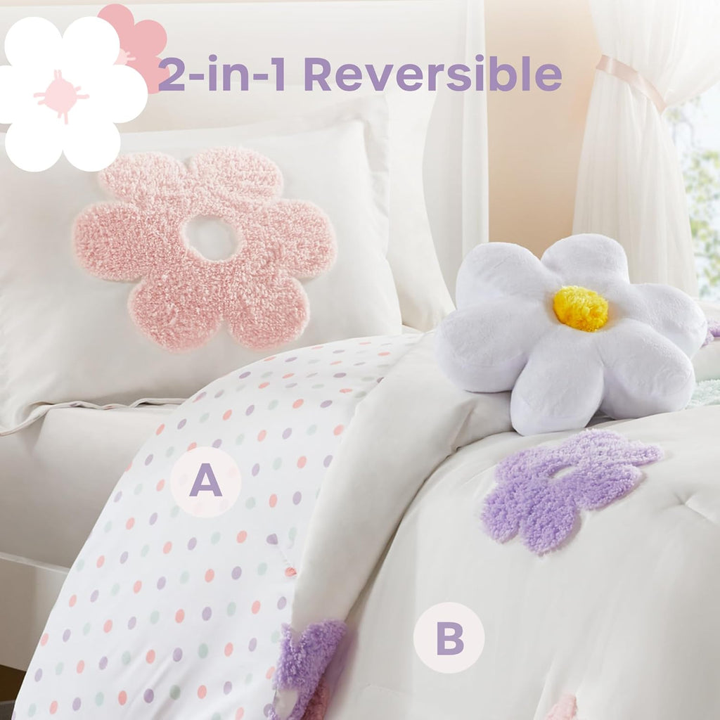 Kids Twin Comforter Set for Girls, Tufted Chenille Floral Comforter Set Twin, Lightweight Polka Dot Comforter