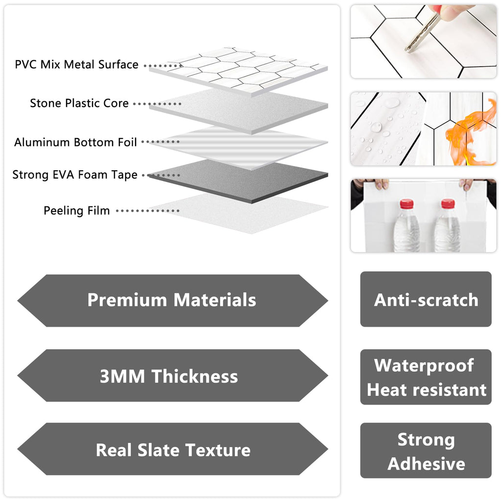 Long Hexagon Peel and Stick Backsplash Tile - 10 Sheets Stick on Backsplash 12.4 x 12 Inch Dolomite Marble Look PVC