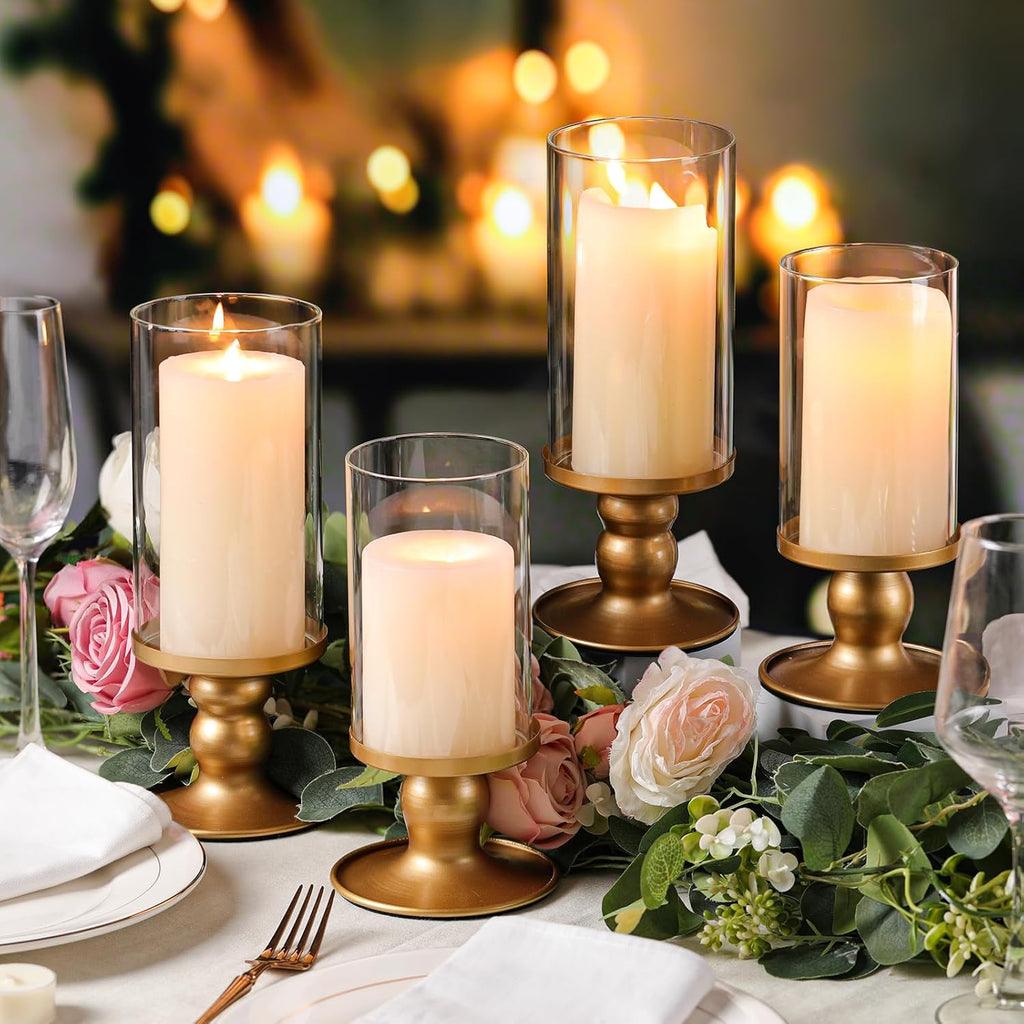4Pcs Hurricane Candle Holder for Pillar Candles, Gold Candle Holders with Clear Glass Sleeve for Table