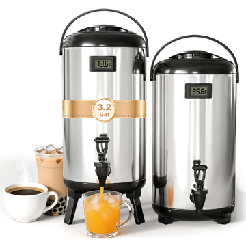 2 Pack Insulated Beverage Dispenser, 3.2 Gallon/12 L Stainless Steel Drink Dispenser with Spigot & Temp Display