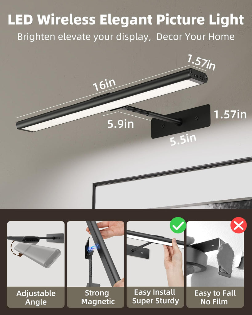 Picture Light for Wall, 4800mAh Rechargeable Wireless Black Lights for Painting, 16In Dimmable Magnetic LED RGB Art