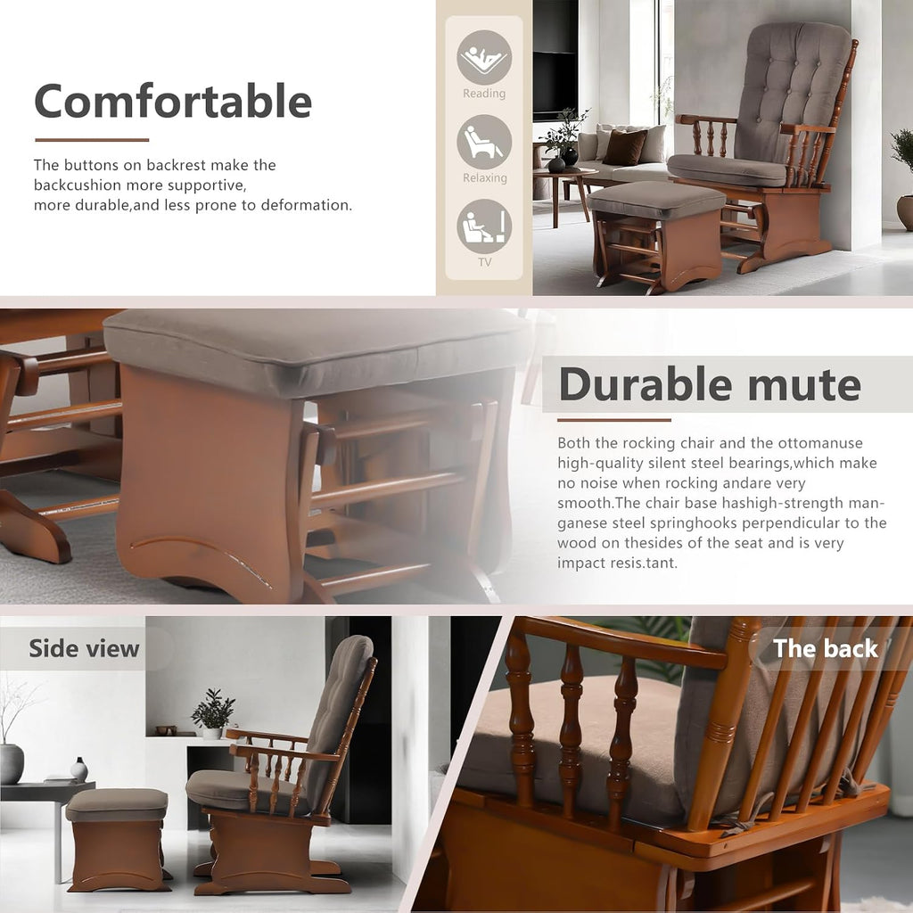 Anti-Pinch Glider Chair with Ottoman , Antique Espresso | Solid wood glider rocker with high back cushion, anti-pinch