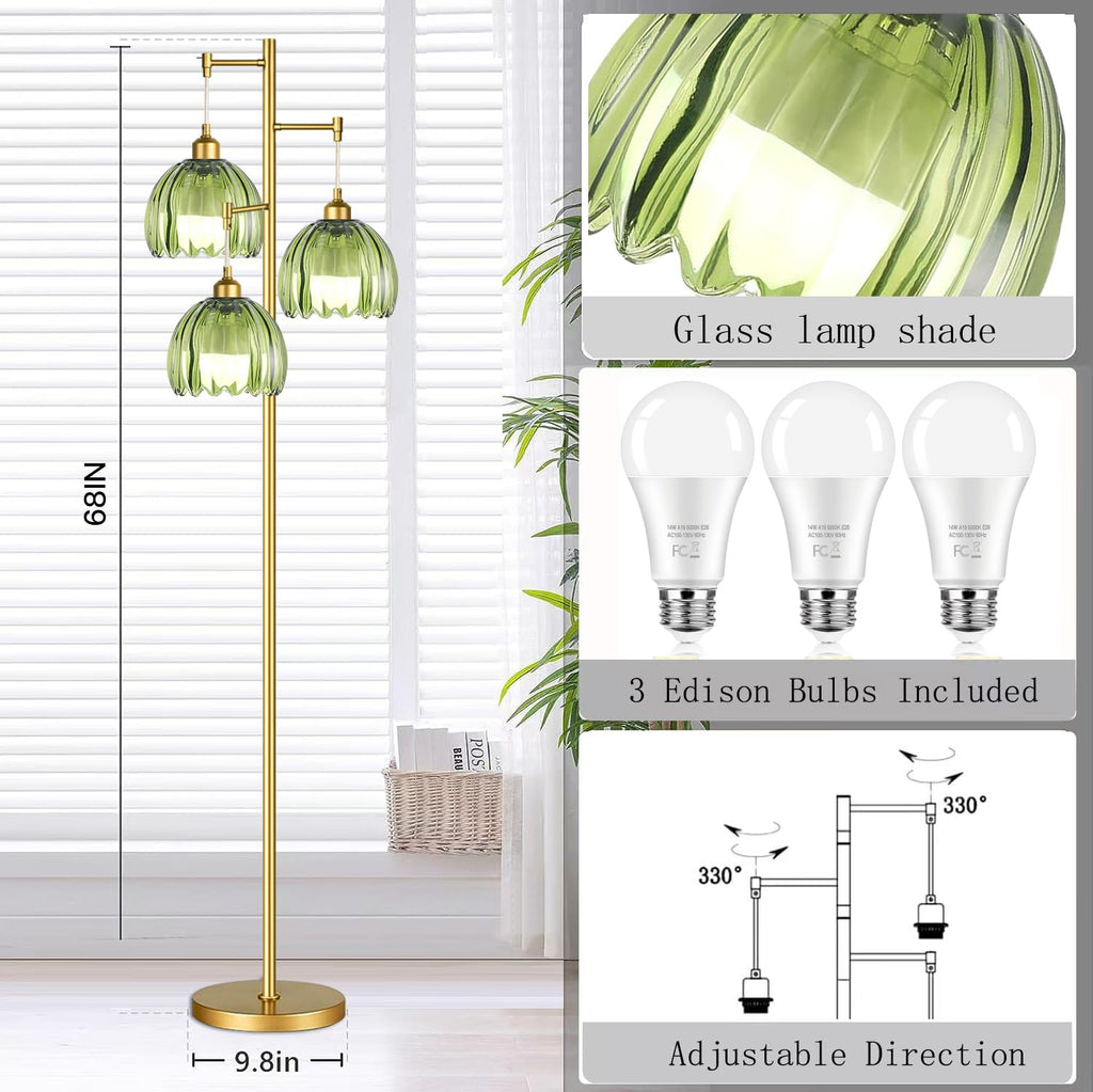 Gold Floor Lamp Bedroom, Modern Tree Floor Lamps with Green Glass Shades, 68IN Tall Standing Lamp with Bulbs, 3 Lights