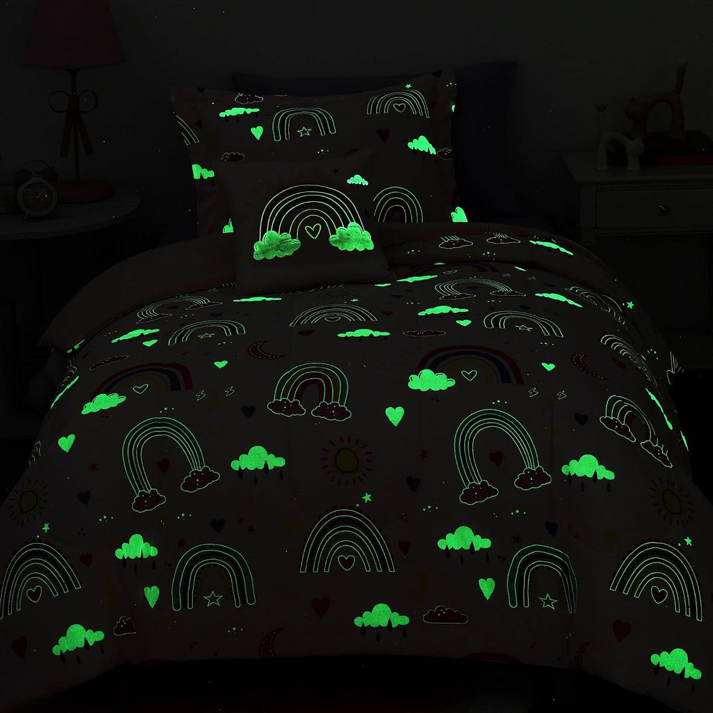 Glow in The Dark Twin Comforter Set for Girls, Pink Rainbow Bedding Set for Kids 1 Comforter, 1 Decor Pillow, 1