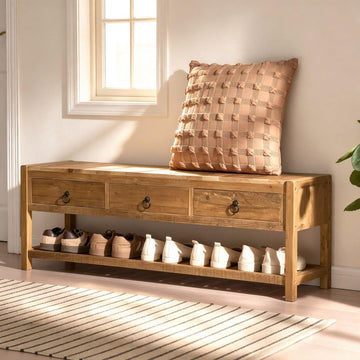 45.2" Reclaimed Solid Wood Entryway Bench with 3 Drawers & Shelf