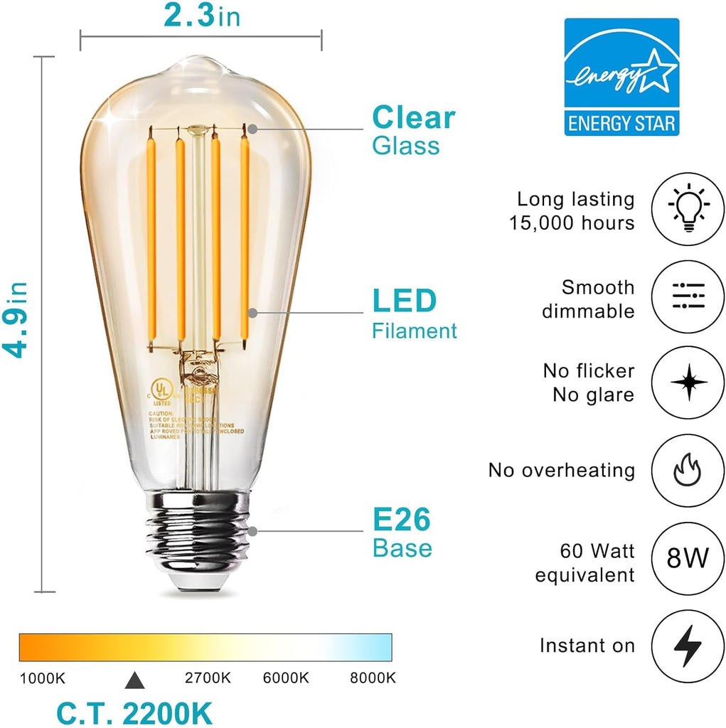 12 Pack Vintage LED Edison Amber Light Bulbs, 60W Equivalent, Dimmable, 8W, 800 Lumens, 2200K Soft White, ST58, E26