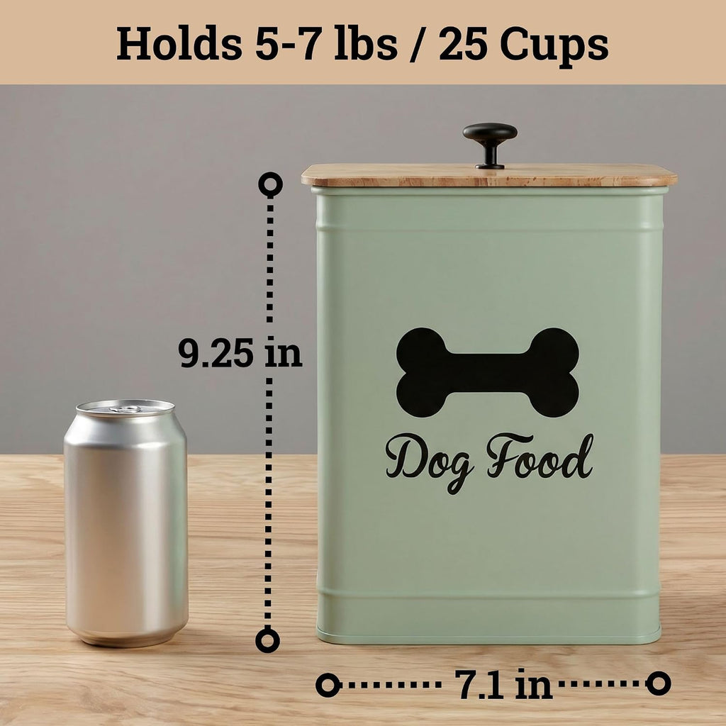 Metal Dog Food Container 5-7lb, 25 Cup w/ Airtight Bamboo Lid, Metal Handle