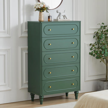 Fluted 5 Drawer Dresser, Mid Century Modern Chest of Drawers, Wood Storage Large Dresser Organizer Living Room
