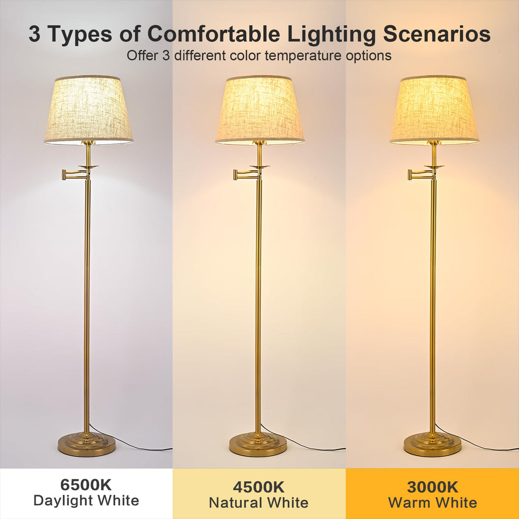 Gold Brass Swing Arm Floor Lamps with 3-Color Bulb, Eye-care Reading Light