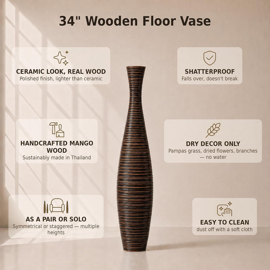 Large Floor Vase 34 inches Mango Wood for Pampas Grass, Dried Flowers