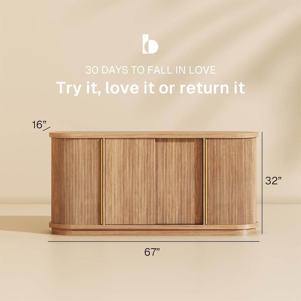 Turin 67" Sideboard Buffet Cabinet-Camel | Modern Style,Fluted Wood Sliding Tambour Door,Oval Curved,Gold