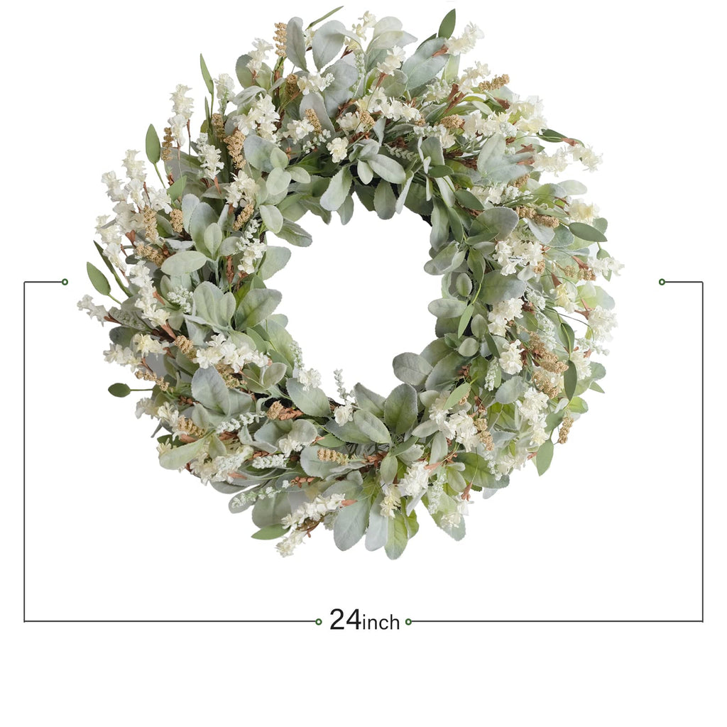 24 Inch Summer Spring Ivory Flowers Wreath for Front Door, Everyday Lamb Ears Leaves Wreath with White Artificial