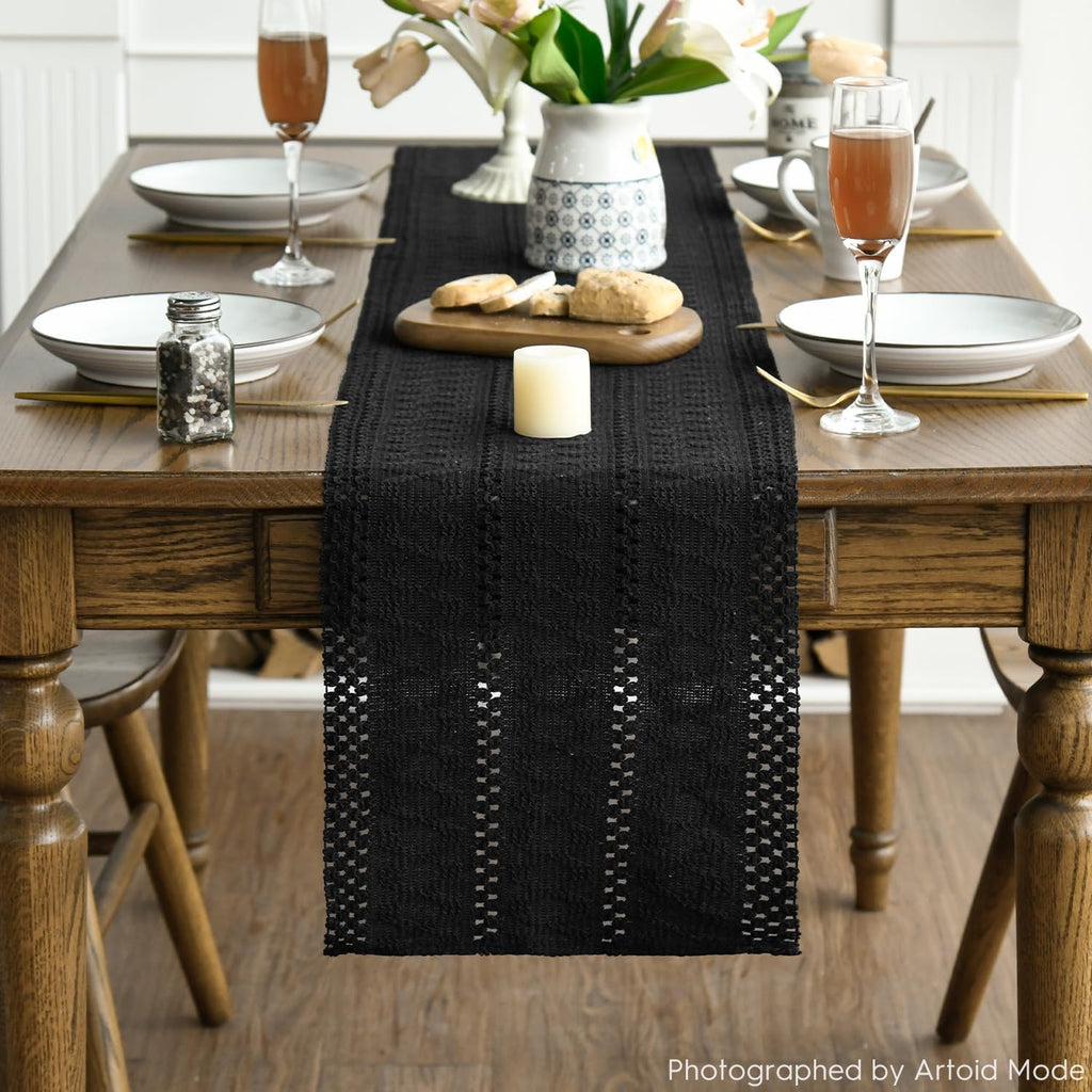 Black Woven Farmhouse Hollow Table Runner 12x120 Inch