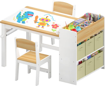 Kids Art Table & Chair Set, Wood w/Storage & Paper Roll, Natural