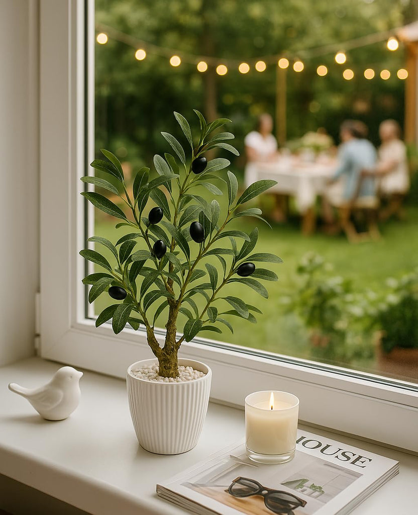 Faux Olive Tree, 16.9 Inches Small Fake Olive Trees with White Pot, Realistic Fake Tree Potted Plant and Lifelike