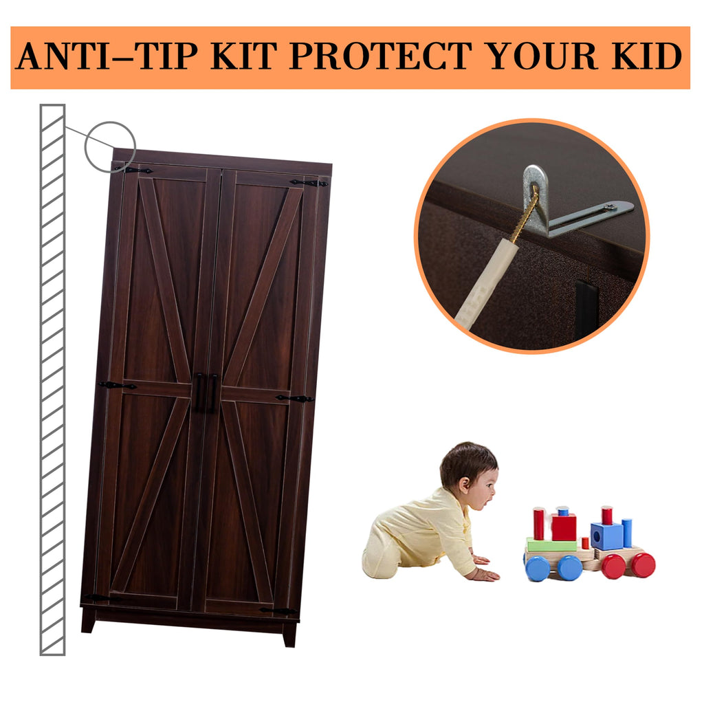 70" Tall Wooden Wardrobe Closet with Doors, Espresso