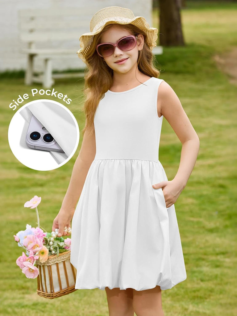 Girls Summer Sleeveless Bubble Dress Kids Cute Crew Neck Tank Mini Dresses with Pockets
