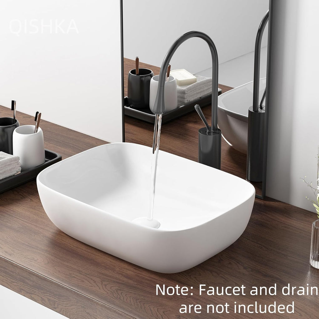 Vessel Sink Bowl Above Counter, QISHKA 18.3" x 13" Ceramic Oval Modern Bathroom Sink White Vanity Sink Lavatory Art