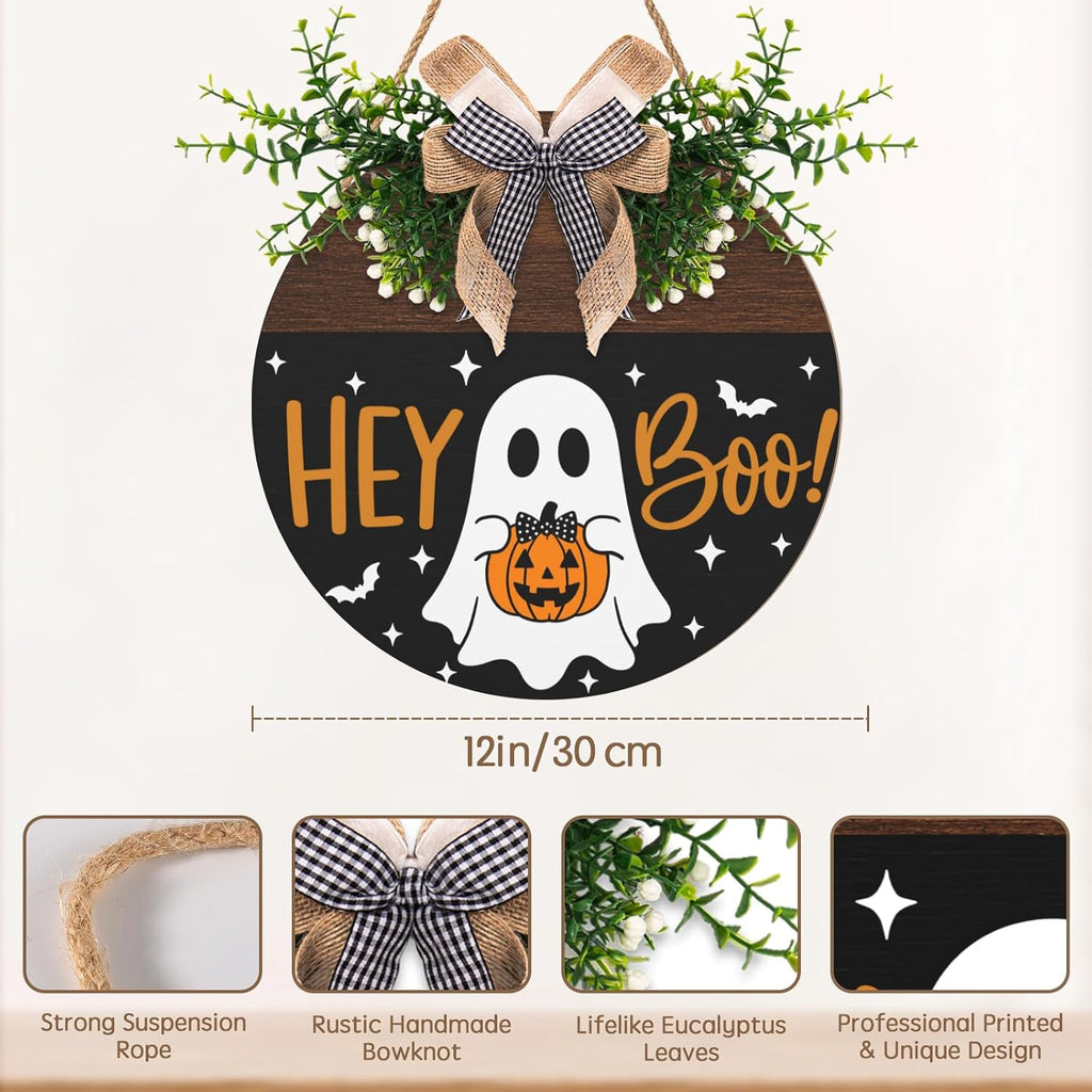 Halloween Hey Boo Door Sign Outdoor Decor Ghost Pumpkin Door Wreath Front Door Hanger Holiday Wooden Signs Outdoor