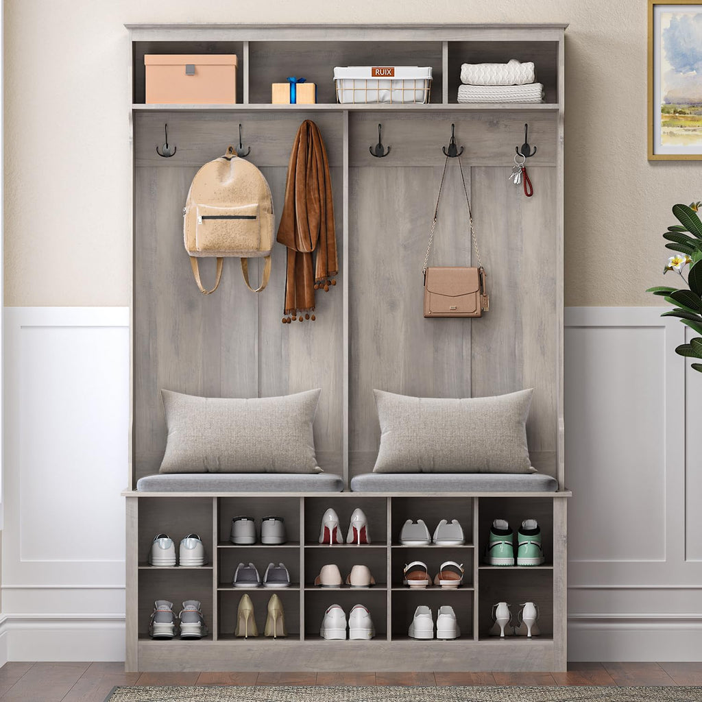 Hall Tree with Bench and Shoe Storage, 53" Farmhouse 4-in-1 Mudroom Storage Organizer with Coat Rack, 6 Hooks, 12