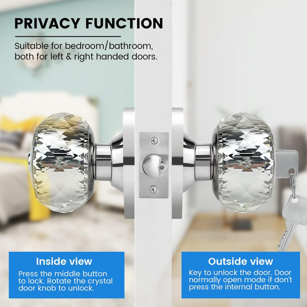 Crystal Door Knobs with Lock and Keys, Glass Door Knobs with Privacy Lock, Luxurious Diamond Door Knob, Classic