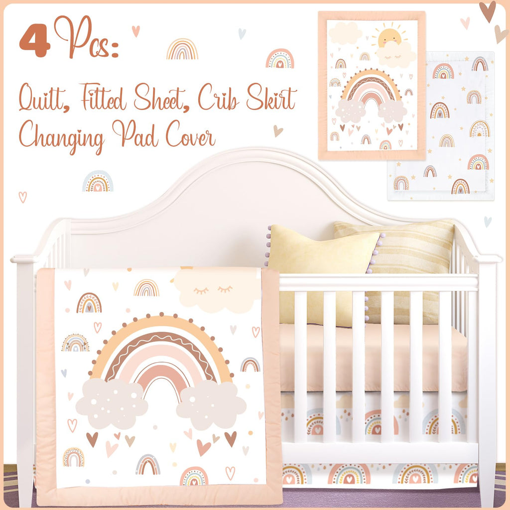 4 Pieces Baby Crib Bedding Set for Girls and Boys, Soft Baby Bedding Set Including Crib Skirt, Comforter, Sheet and