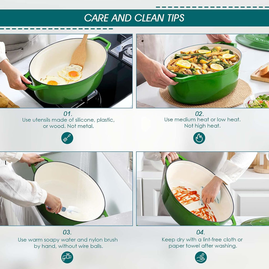 9.3 Qt Oval Enameled Cast Iron Dutch Oven with Lid, Green | Ideal for bread baking, roasting & braising. Self-basting