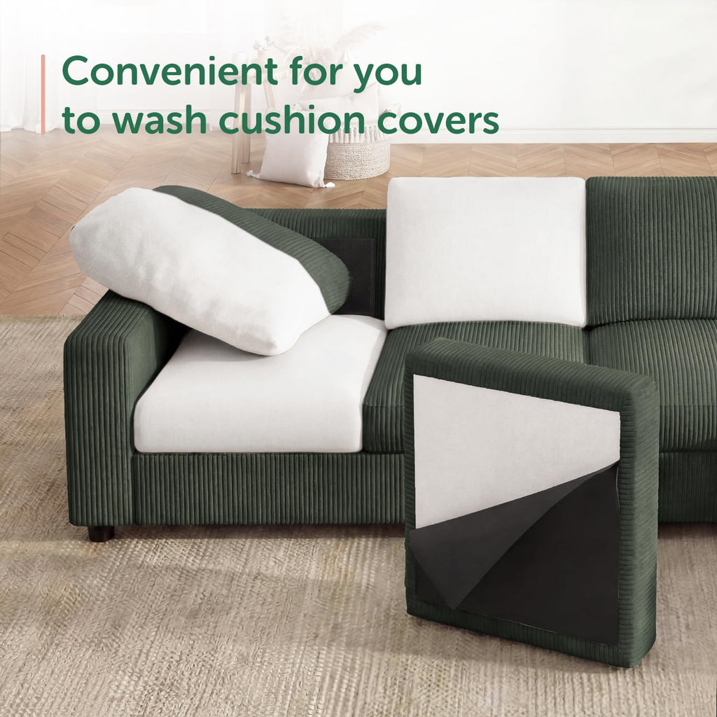 Corduroy Sectional Sofa with Storage Ottoman, 6 Seaters L Shaped Small Sectional Couch, Green