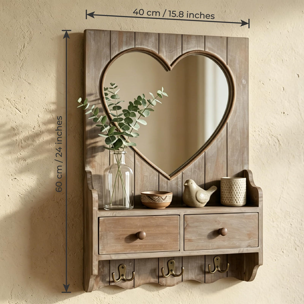 Rustic Farmhouse Wooden Entryway Mirror with Shelf and Hooks, 16"x24" Heart Shape Wood Frame Wall Mirror with Storage