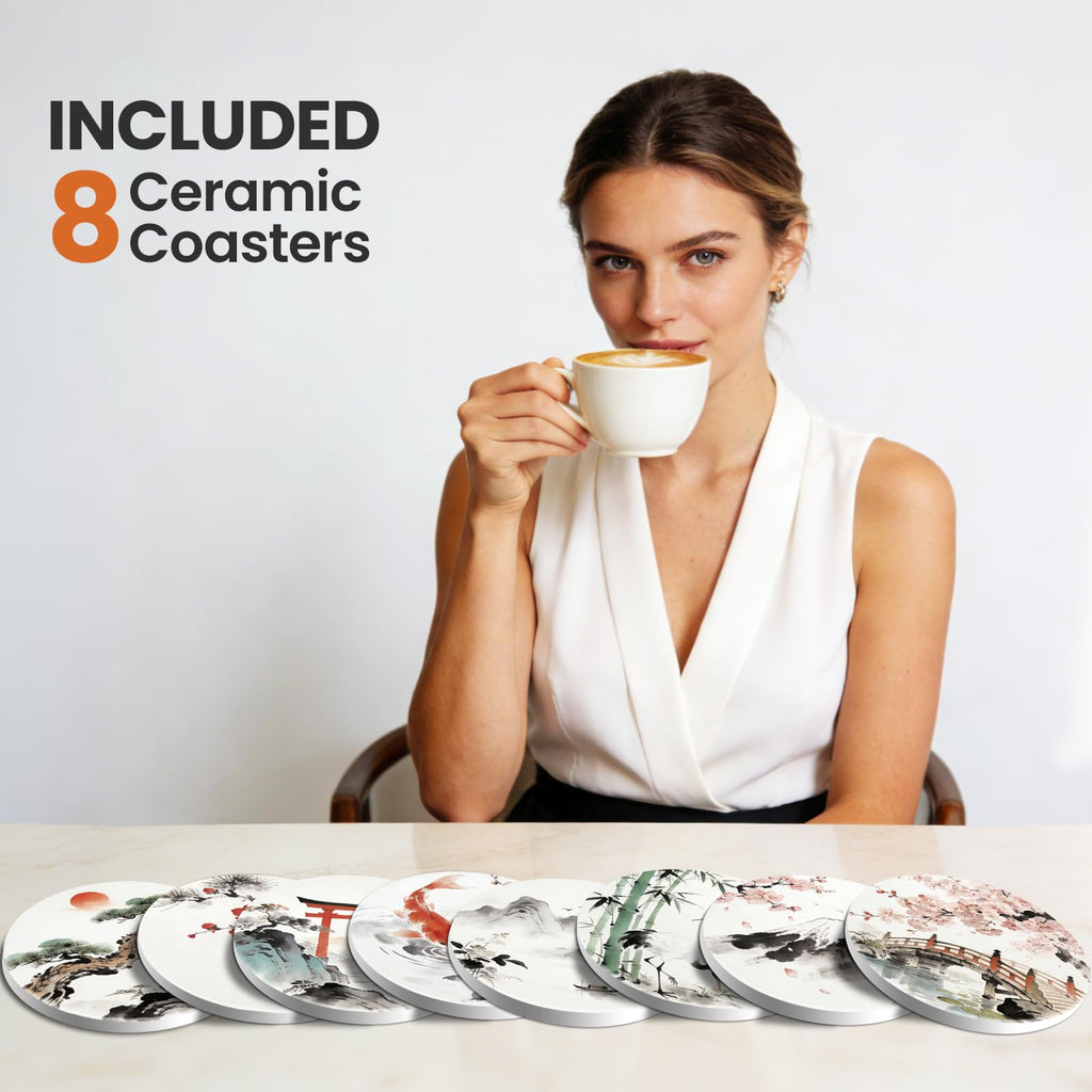 Ceramic Coasters for Drinks, Round Absorbent Drink Coasters Set of 8 with Holder, Japanese Cherry Blossom and Ink