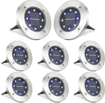Solar Ground Lights Outdoor, 8 Pack 8 LED Solar Disk Lights Waterproof Garden In-ground Pathway Light Landscape
