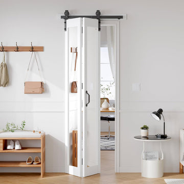 Bifold Barn Doors Double 15x84 with Mirror for Closet,White,Hardware Included
