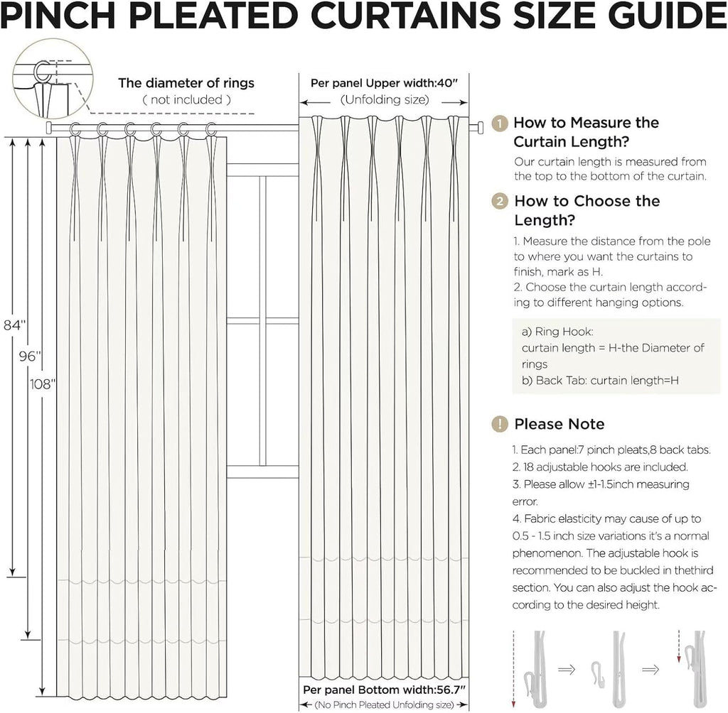 Natural Linen Pinch Pleat Curtains 102 Inch Long 2 Panel Set,Semi Sheer Curtain,Back Tab Light Filtering Drapes with