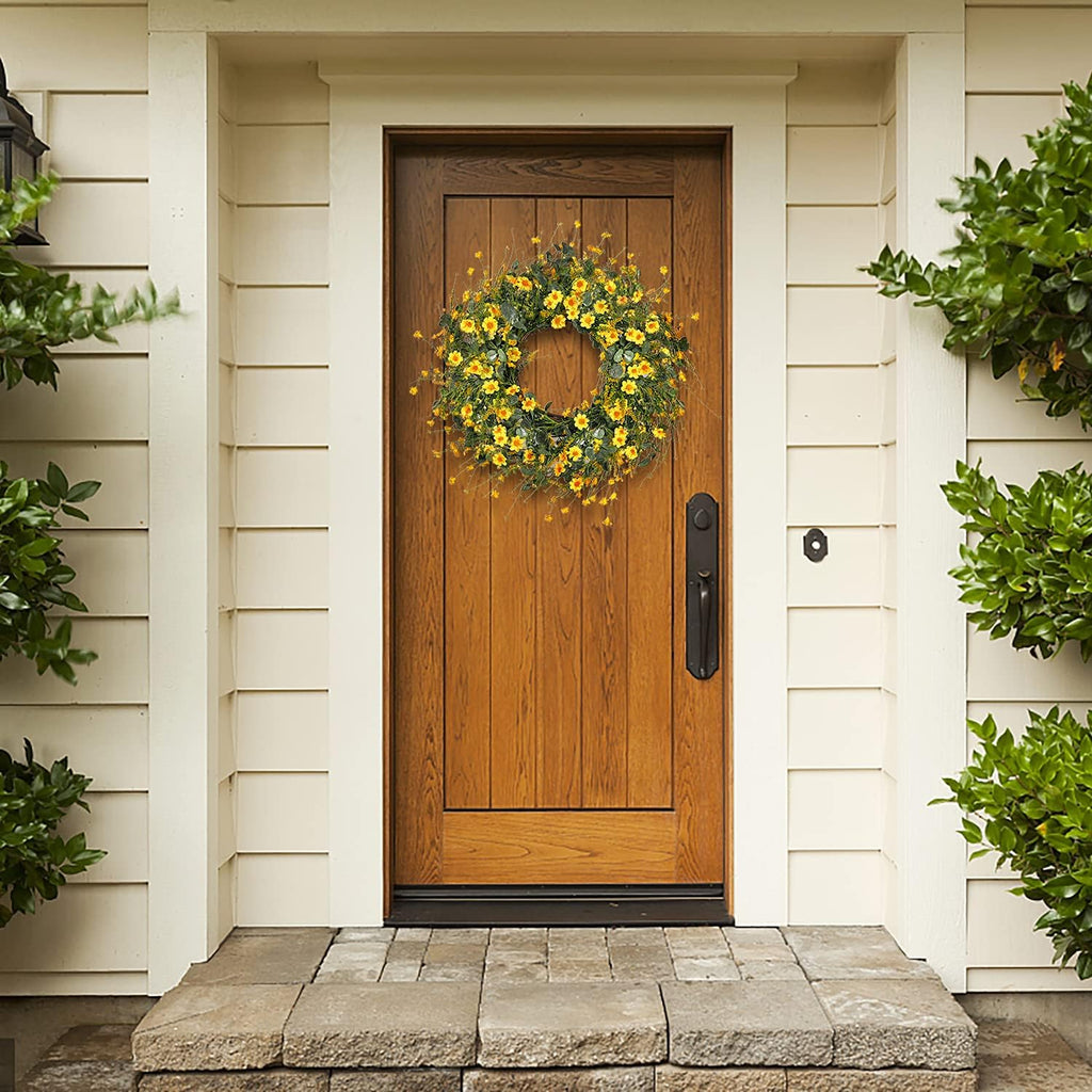 Yellow Daisy Wreath 24 Inch Spring Summer Wreath Fake Silk Floral Wreath with Green Eucalyptus Leaves and Lavender