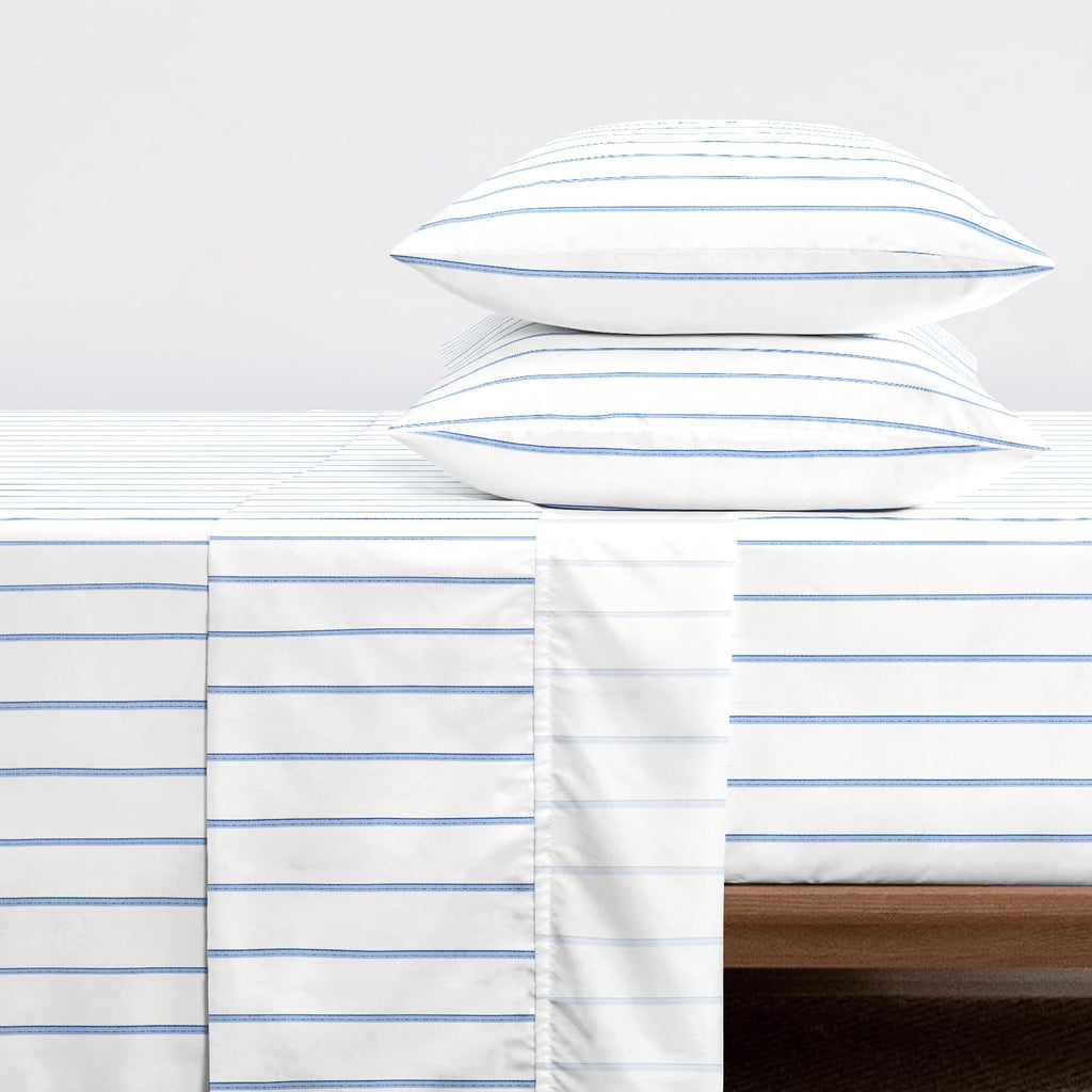 Striped Bed Sheets, 100% Cotton, 4 Pieces Sheet Set, Neutral Farmhouse Ticking Vertical Stripe Pattern Printed