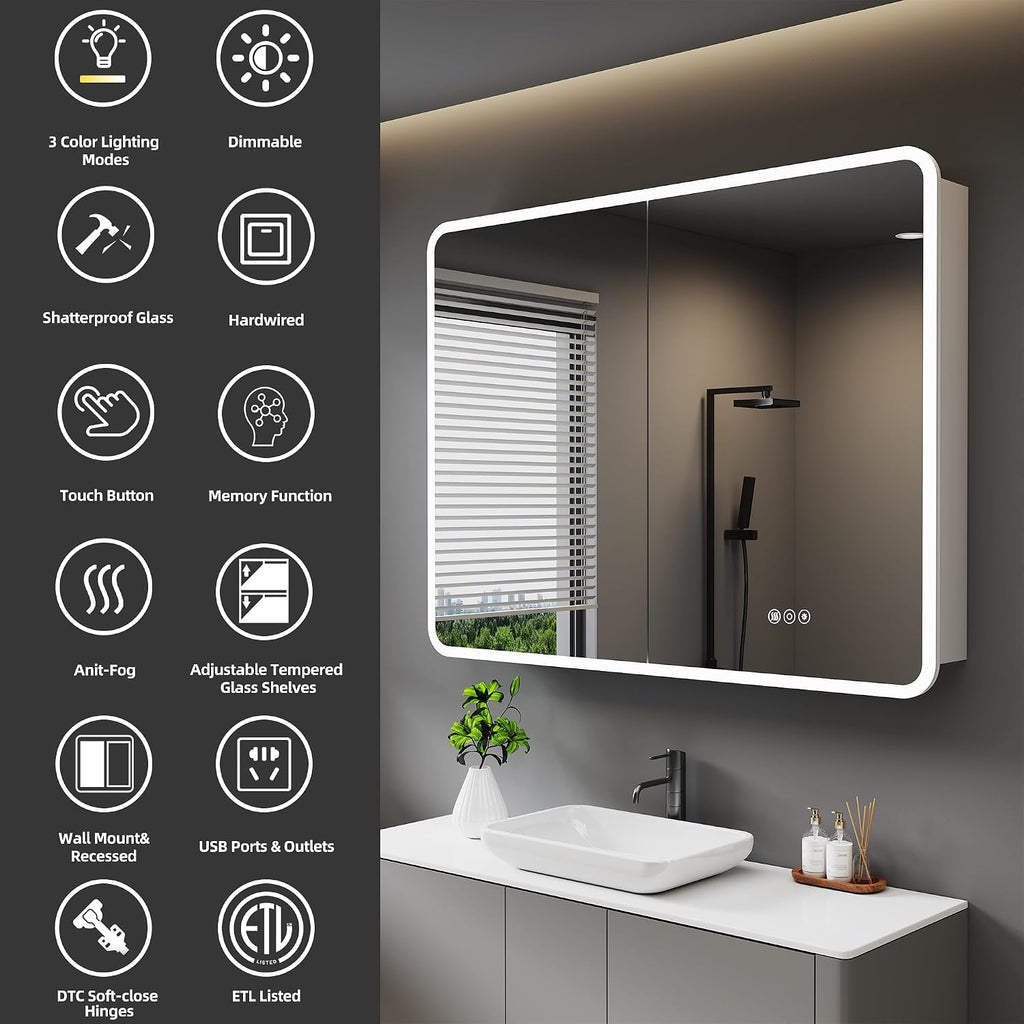 36 x 32 Inch Medicine Cabinet with Mirror and LED Light | Recessed, Wall-Mounted, Dimmable, Anti-Fog, Memory